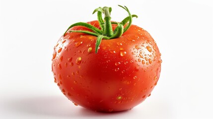 Red fresh tomato on a white background. Red vegetable closeup with water drops on it