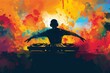 A musician creates a symphony of sound and color, blending acrylic paint on canvas with the rhythm of their headphones and mixer, resulting in a mesmerizing silhouette of artistic expression