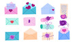Set of icons for a romantic Valentine's day message. Set of love and greeting letters of various shapes colors, sealed in envelopes and scrolls with a seal, empty materials for writing a letter.