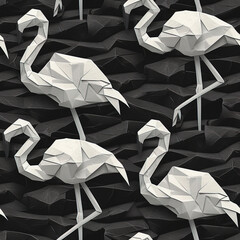  Flamingo paper origami line art cartoon repeat pattern, beautiful pop art repetitive, monochrome