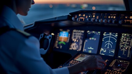 A female copilot switches control panel buttons on the dashboard and uses a radar compass on the windscreen in the cockpit cabin of an airliner while flying a plane jet with close-up travel