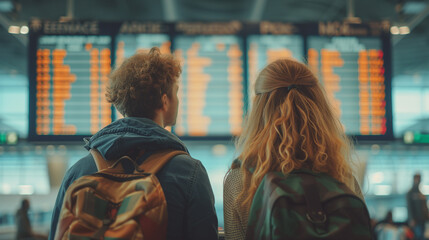 couple of men and woman at airport checking depature and arivvals board with information of incoming an leaving airplane flights at the airport in the evening