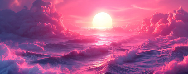 Wall Mural - surreal psychedelic vapor wave fantasy dreamworld, beautiful clouds and cloudscape, sunset over the ocean at the evening