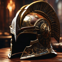 Old bronze helmet with futuristic design and decoration