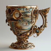 A Gold And Blue Cup With A Handle