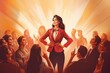 Confident businesswoman standing in an abstract background with her team and raising her hands up. Portrait of confident businesswoman with colleagues