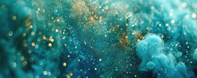 Abstract Smoke Background In Blue Green Colors And Gold Particles With Highlights And Blurs For Design.