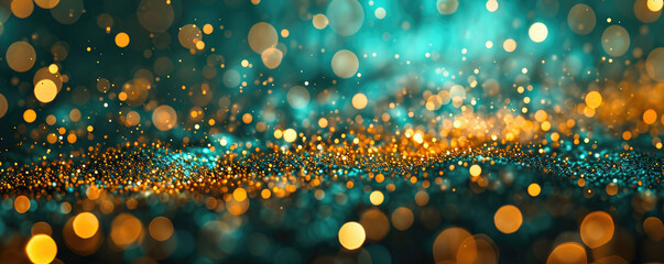 Abstract background of blue, green waves and golden sand crumbs with highlights and blurs for design.