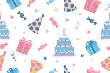 Seamless pattern with cute happy birthday design elements. Party celebration repeats background. Vector holiday digital paper with gifts, cake with candles, candies. Vector. 