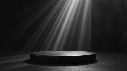 Abstract black stage with one round podium in light beam with light spot mockup for presentation cosmetic products, goods, advertising, design in soft gradient. Made with generative ai