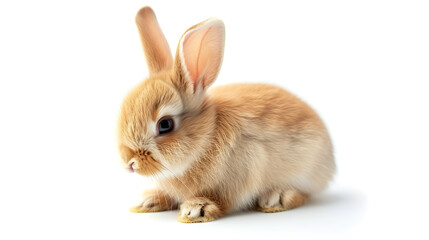 Poster - Cute fluffy bunny with large ears sitting on a white background.