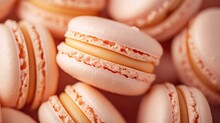 Tasty Macarons Background In Peach Fuzz Color Trend 2024 - AI Generated