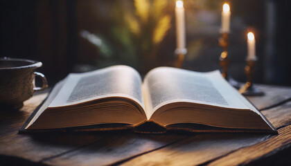 Open book, page, indoor, candle, old, dictionary, wooden desk, closeup