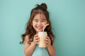 Happy child drinking milkshake on color background