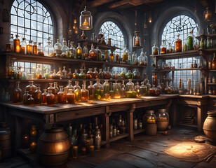 Poster - Alchemist lab. A strange and creepy cabinet of curiosities filled with lots of bottles and glass jars. CG Artwork Background. AI generated digital illustration