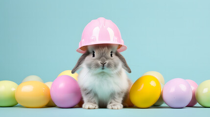 Have a safe happy easter. Cute bunny wearing a pink hard hat and colorful easter eggs on blue background