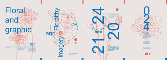 Aufkleber - Floral modern banner with trendy minimalistic typography design. Poster templates with dahlia, lily and blossom lotus stems silhouettes, abstract geometric shapes, text elements. Vector illustration.