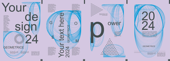 Aufkleber - Geometric modern banner with trendy minimalist typography design. Poster templates with abstract dynamic fractal lines in circles forms, triangle dots grids and text elements. Vector illustration.