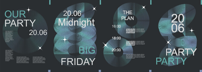 Aufkleber - Party modern banner with trendy minimalist typography design. Poster templates with shiny music disk in line grid forms and text elements on dark backdrop for show invitation. Vector illustration.