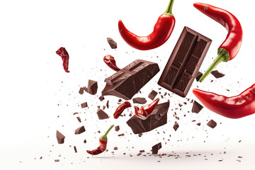 Wall Mural - Chilli and chocolate flying on white background