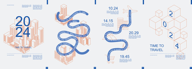 Aufkleber - Travel modern banner with trendy minimalist typography design. Poster templates with graphic city skyscrapers, road route, flight destination to landmarks and text elements. Vector illustration.