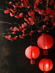 Wall Mural - red lanterns on a black background with chinese flowers.