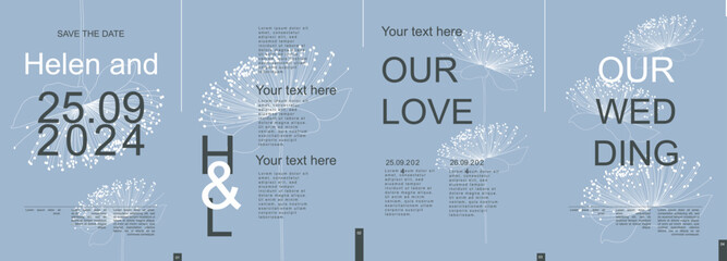 Aufkleber - Wedding modern banner with trendy minimalist typography design. Poster templates with simple elegant flower line silhouettes, date and text elements for ceremony invitation. Vector illustration.