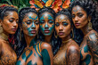 Beautiful woman models wearing and showcasing different attire and body paint.