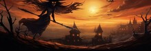 Beautiful Witch Flying On A Broom Against Sunset, Wizard With Birds. Halloween Background, Fantasy And Magic
