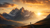 Fototapeta  - Samotny podróżnik podziwiający zachód słońca w górach