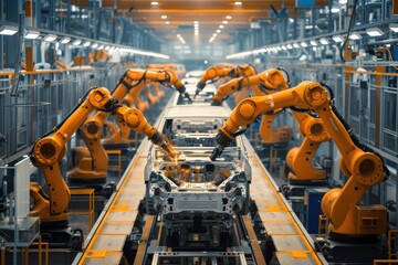 Fototapete - Modern car manufacturing factory, automobile assembly line, automotive industry.