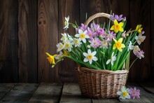Spring Flowers In Basket On Dark Wooden Background.