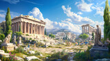 Fototapeta  - A bustling ancient Greek agora, filled with passionate philosophers engaged in intense debates, surrounded by exquisite marble statues.