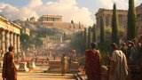 Fototapeta  - A bustling ancient Greek agora, filled with passionate philosophers engaged in intense debates, surrounded by exquisite marble statues.