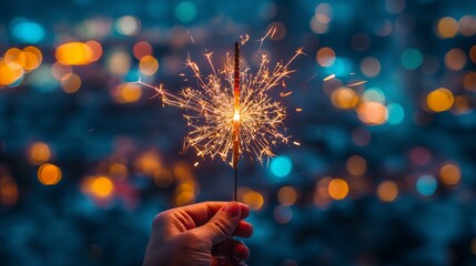 Hand holding a firework with a blurred city in the background