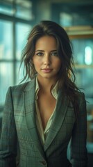 Wall Mural - A beautiful young woman in a suit is standing in an office building.