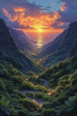 Canvas Print - The sun sets over a valley with a road winding through it