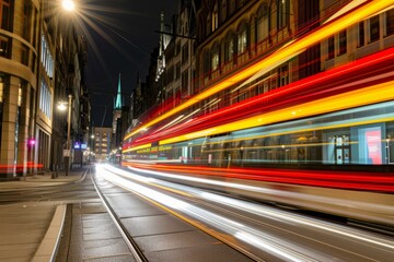 Naklejka na meble Light trails of a tram passing through a city street at night