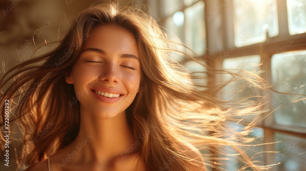 Portrait of a beautiful young woman with long brown hair smiling and ...