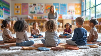 A group of children sitting in a circle on the floor in a classroom with a teacher.