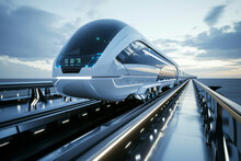 3d Model Of Futuristic Passenger Train On The Bridge. 