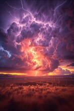 Huge Purple Orange Storm Clouds With Lightning Bolts Over A Desert Landscape