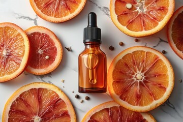 Wall Mural - An  grapefruit glass dropper bottle with oil lies on a white marble table surrounded by fresh orange slices. View from above