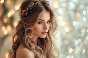 Wall Mural - portrait of a beautiful young woman with long brown hair and blue eyes