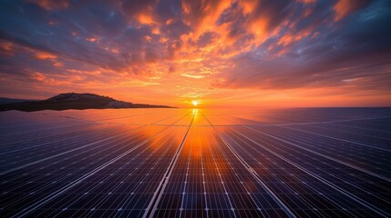 A solar farm in the middle of a field with a beautiful sunset in the background