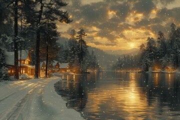 Canvas Print - A winter wonderland of snow-covered cabins by a frozen lake at sunset