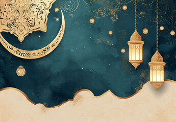 Wall Mural - Desert night with mosque silhouette and golden crescent moon
