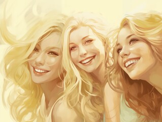 Wall Mural - Portrait of three happy blonde girls showing white smile, laughing and looking carefree at camera, standing in the sunlight. blonde day