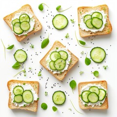 Wall Mural - flat lay of traditional english sandwiches on white bread with cucumbers and cream cheese for breakfast on white background