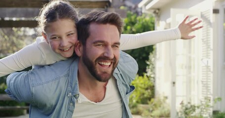 Sticker - Playing game, dad and daughter in backyard with hug, smile and spending time together on summer vacation. Piggyback, love and father with playful child in garden with trust, flying and outdoor fun.